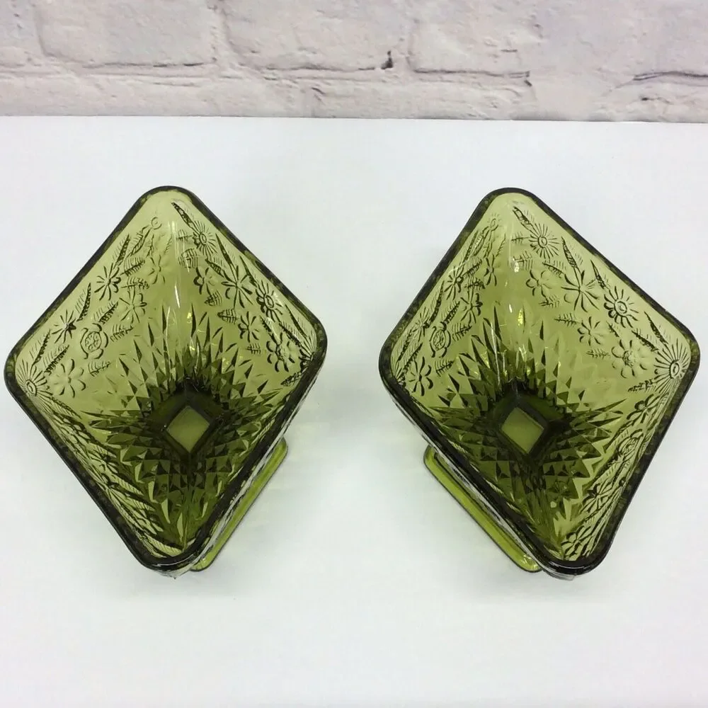 Vintage Indiana Glass Olive Green Diamond Shape Pedestal Candy Dish Bowl Set 2